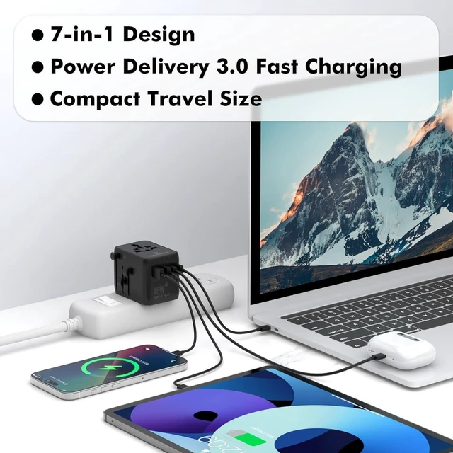 Alt view image 7 of 7 - 7 in 1 Worldwide Travel Adapter with GaN 45W, 2 USB-A 15W, 3 USB-C 45W, 2 AC Outlets, Safety Certified International Plug Converter, Universal Charger for Laptop Phone Camera, Fits US EU UK AU Travel