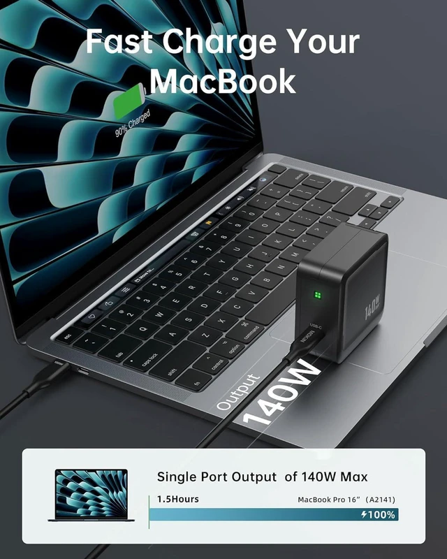 Alt view image 4 of 6 - 140W GaN+ Compact Foldable USB C PD 3.1 Fast Charger for MacBook Pro Air M1 M2 M3 M4, Samsung Galaxy, iPad Pro, All USB-C Devices, Foldable Wall Plug, USB-C Cable Included, Laptop Power Adapter
