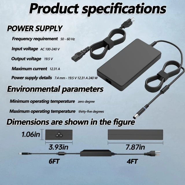 Alt view image 6 of 6 - 240W Gaming Laptop AC Charger Power Adapter for Alienware 15 17 M15 M16 M17 M18X X51 R2-R7, G3 G5 G7 15 5530 5535 5520, Precision M6800 M6700 M6400, Replacement J211H Notebook Power Supply Cord