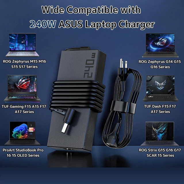 Alt view image 6 of 7 - 240W 20V 12A Laptop AC Charger Power Adapter for ASUS Zephyrus G16 G14 M16 Duo 15 TUF F17 F15 A15 Vivobook Pro 16X ROG Strix Scar 15 17 G15 G17 ProArt StudioBook, ADP-240EB B, 6.0x3.7mm DC Tip