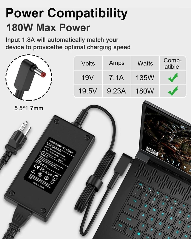 Alt view image 5 of 7 - 180W 135W 19.5V 9.23A Laptop AC Charger Power Adapter with Cord for Acer Predator Helios 300 PH315-52 PH315-51 PH317-51 G3-571 G3-572 Nitro 5 7 AN515-51 AN515-53 AN515-54 Triton 300 500, 5.5x1.7mm DC