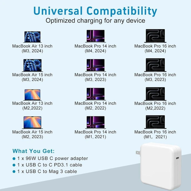Alt view image 5 of 6 - 96W 70W USB-C to Mag 3 Laptop Charger Power Adapter for MacBook Pro 16 14" MacBook Air 15 13" M4 M3 M2 M1 2021-2025, Includes 6.6FT USB-C to Mag 3 Cable, Original Quality
