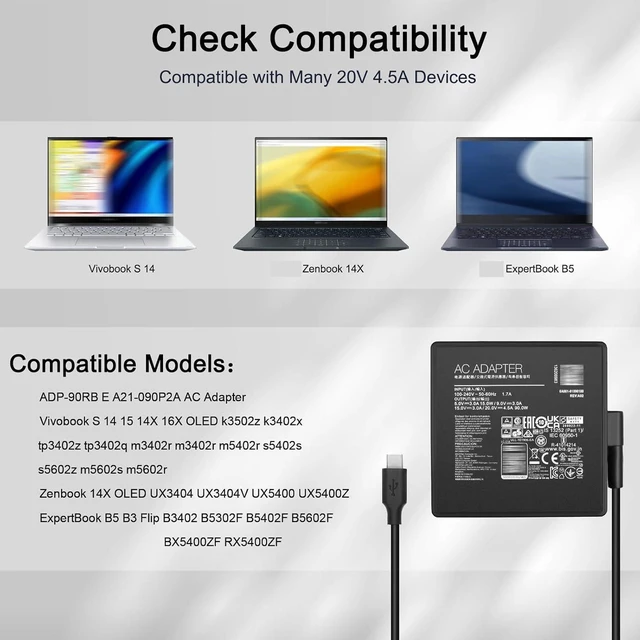 Alt view image 6 of 7 - 90W USB-C AC Charger Adapter Replacement for Asus Vivobook S 14 14X 16X OLED S5406M S5406S K3502Z K3402X TP3402Z M3502R S5402S S5602Z M5602S, Zenbook 14X UX3404V UX5400Z Q410V Q420V, A21-090P2A ADP-90