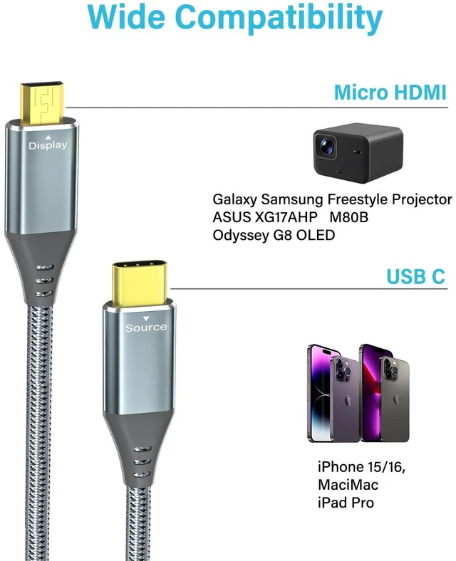 Alt view image 5 of 7 - USB C to Micro HDMI Cable 3ft, 4K@60Hz 18Gbps Braided Aluminum Type-C to Micro HDMI Cord, Source to Display for Samsung Freestyle, ASUS XG17AHP, M80B, Odyssey G8 OLED Portable Monitor