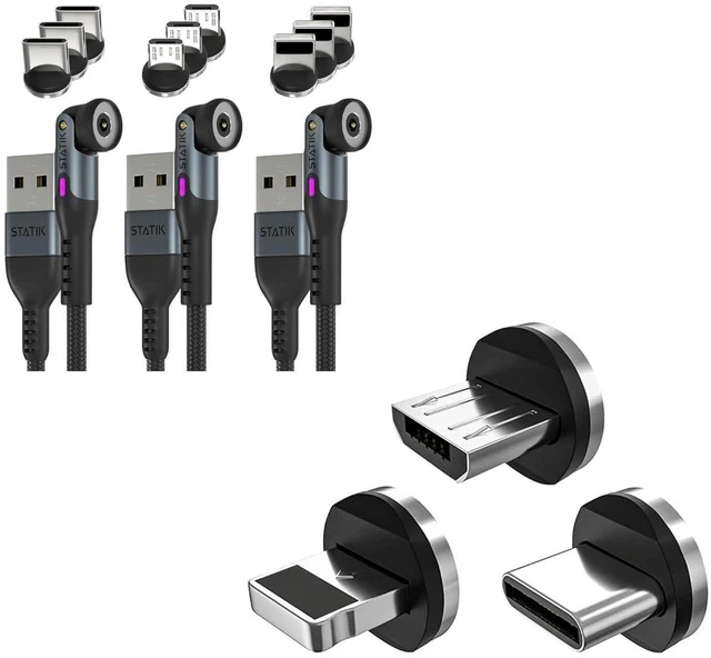 Main image of Statik 360 Pro Magnetic Charging Cable 6ft, Universal 3 Pack Magnetic Tips (USB-C/Lightning/Micro USB), 100W Fast Charge & 480Mbps Data Sync, 360° Rotating Nylon Braided Cable for Phone, Tablet, Lapto