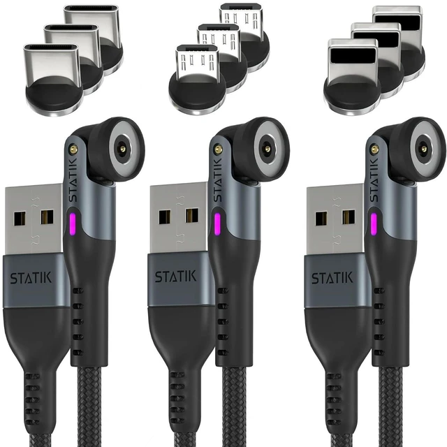 Alt view image 4 of 7 - Statik 360 Pro Magnetic Charging Cable 6ft, Universal 3 Pack Magnetic Tips (USB-C/Lightning/Micro USB), 100W Fast Charge & 480Mbps Data Sync, 360° Rotating Nylon Braided Cable for Phone, Tablet, Lapto