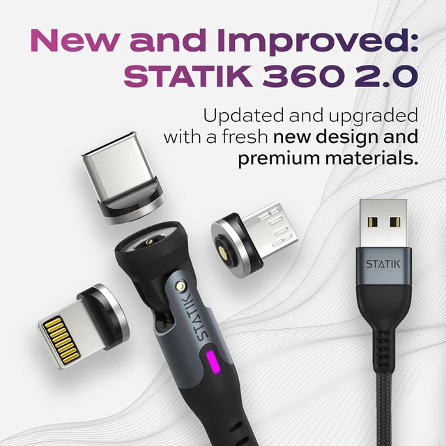 Alt view image 6 of 7 - Statik 360 Pro Magnetic Charging Cable 6ft with 3 Pack USB C Magnetic Tips, 100W Fast Charge 480Mbps Data Sync, 360° Rotating Nylon Braided Cable for Phone, Tablet, Laptop