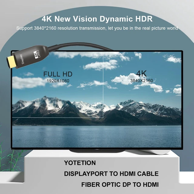 Alt view image 2 of 7 - 50FT Optical DisplayPort to HDMI Cable, 4K@60Hz DP to HDMI Cord, Aluminum Shell Black Long Optical Cable for MacBook Pro/Air, iMac, Surface Pro/Dock, Monitor, Projector