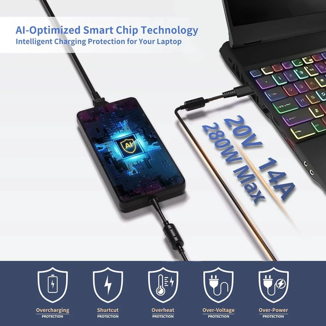 Alt view image 5 of 7 - 280W 20V 14A Laptop Charger Compatible with MSI GS77 GE66 GE76 Raider GP76 GP66 GE78HX GE68HX Leopard, Stealth GS77 WE76 Titan GT77 Creator Pro Z16 X17 Z17 Gaming Laptop Power Adapter