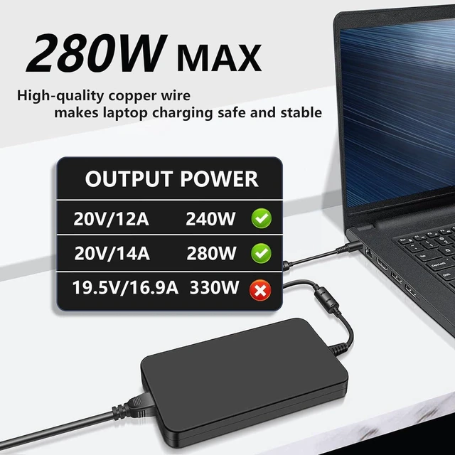 Alt view image 4 of 7 - 280W 20V 14A Laptop Charger Compatible with MSI GS77 GE66 GE76 Raider GP76 GP66 GE78HX GE68HX Leopard, Stealth GS77 WE76 Titan GT77 Creator Pro Z16 X17 Z17 Gaming Laptop Power Adapter