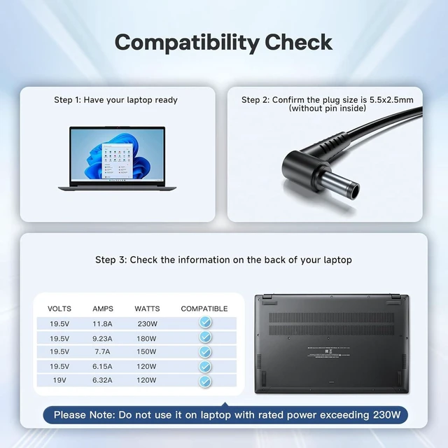 Alt view image 3 of 6 - 230W Laptop Charger Compatible with MSI GS66 GS65 GS75 GS76 Stealth, WS66 WS76 WS75 WS65 GF63 GF75 GF65 GF76, A17-230P1A A12-230P1A AC Adapter, 5.5x2.5mm Tip Gaming Notebook Power Supply