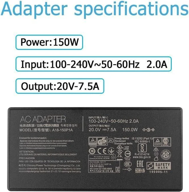 Alt view image 5 of 5 - 150W AC Laptop Charger Compatible with ASUS A17-120P2A ADP-120CD B A18-150P1A, Zenbook Pro 15 Flip OLED Q529 Q529Z Q529ZA Q539ZA Q539Z Q539ZD UP6502 UP6502Z, A571GT X571GD NX571GT RX571GT Notebook Pow