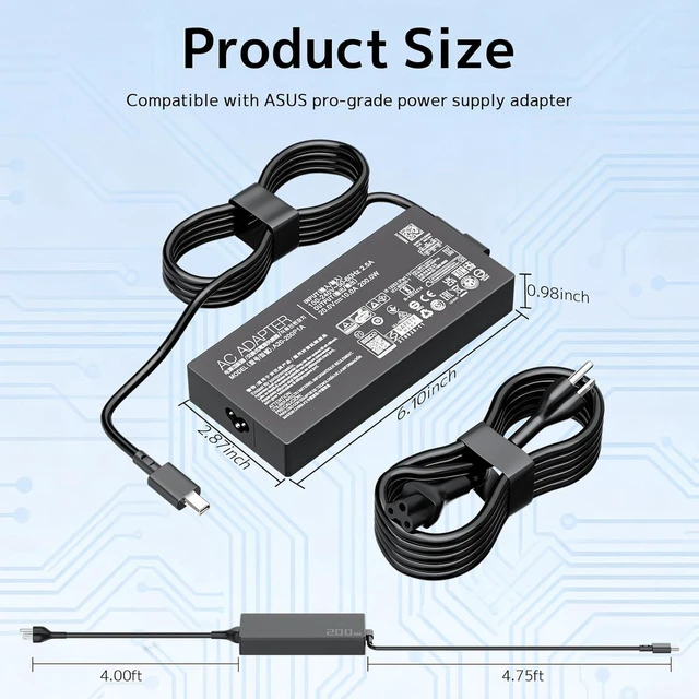 Alt view image 3 of 7 - 200W Laptop Charger Compatible with ASUS ADP-200JB K, ROG Zephyrus G16 G14 GU605MY GU605CP GU605MI GA403WR GA403WW, Flow Z13 GZ302EA, TUF A14 FA401UU FA401UV, ProArt P16 H7606WV PX13 Gaming Notebook