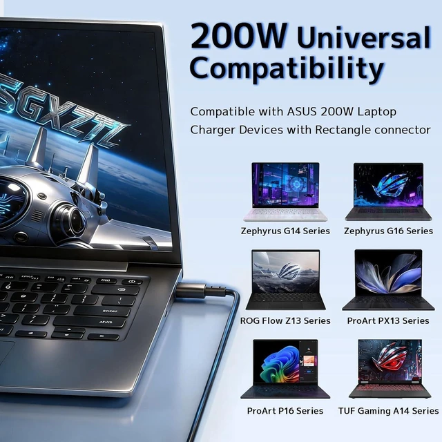 Alt view image 6 of 7 - 200W Laptop Charger Compatible with ASUS ADP-200JB K, ROG Zephyrus G16 G14 GU605MY GU605CP GU605MI GA403WR GA403WW, Flow Z13 GZ302EA, TUF A14 FA401UU FA401UV, ProArt P16 H7606WV PX13 Gaming Notebook