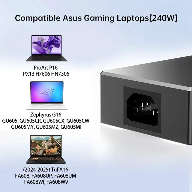 Alt view image 4 of 5 - 240W 20V 12A Laptop AC Charger ADP-240EB B, Rectangle Connector, Compatible with ASUS ROG Zephyrus G16 GU605 GU605C GU605M, TUF Gaming A16 FA608 FA608U FA608W 2024-2025, ProArt P16 PX13 H7606 HN7306
