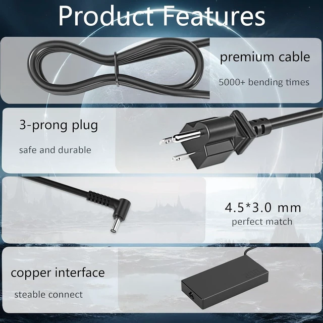 Alt view image 2 of 7 - 200W / 150W AC Laptop Charger Power Supply Compatible with Asus Vivobook Pro 15 16 14 14X 16X Q543 Q533 N6506 M6500 K6602 M6400 Q540 Q540VJ Q530 Q530V Gaming Creator Notebook Charger with Cord