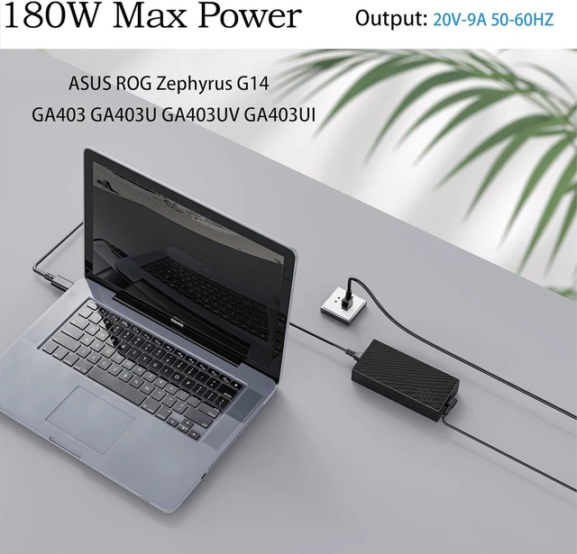 Alt view image 2 of 6 - 180W AC Laptop Charger 20V 9A Rectangle Tip Power Supply Adapter Replacement for ASUS ADP-180TB K Fit for ROG Zephyrus G14 2024 GA403 GA403U GA403UV GA403UI GA403UU Gaming Notebook