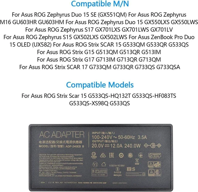 Alt view image 4 of 7 - ADP-240EB B 240W AC Laptop Charger Power Supply Adapter 20V 12A with Cord Replacement for ASUS ROG 15 RTX2080 Gaming Notebook Charger