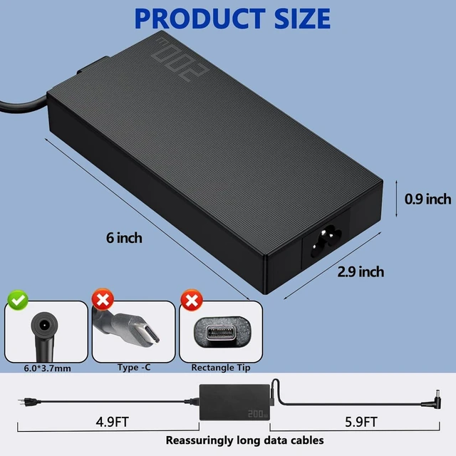 Alt view image 5 of 7 - 200W AC Laptop Charger Power Supply Adapter 6.0x3.7mm DC Tip with Cord Compatible with ASUS ROG Zephyrus G15 GA503 GA503QM, TUF Gaming A15 FA506IH FA506IU A14 FA401WV FA401UV Gaming Notebook