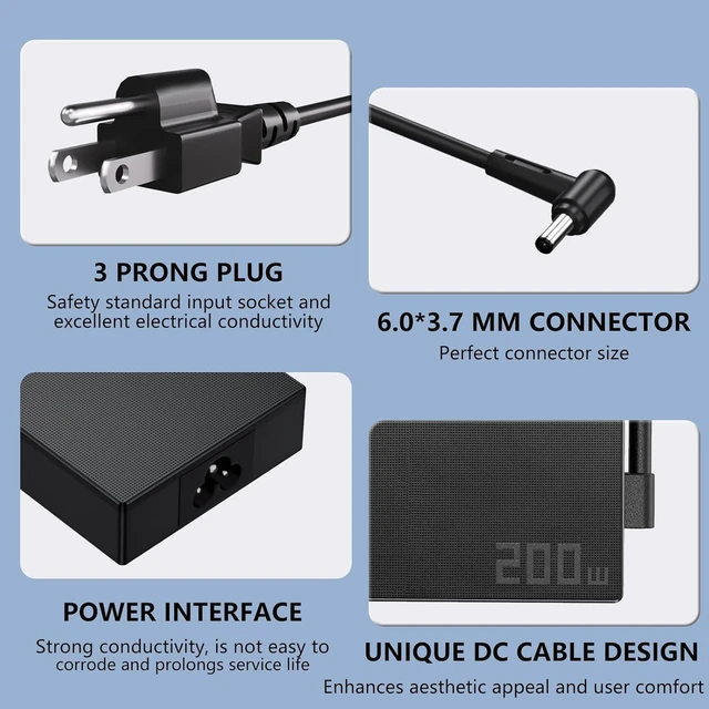 Alt view image 2 of 7 - 200W AC Laptop Charger Power Supply Adapter 6.0x3.7mm DC Tip with Cord Compatible with ASUS ROG Zephyrus G15 GA503 GA503QM, TUF Gaming A15 FA506IH FA506IU A14 FA401WV FA401UV Gaming Notebook