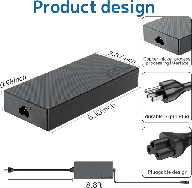 Alt view image 4 of 7 - 200W AC Laptop Charger Power Supply Adapter Compatible with ASUS ROG Zephyrus G16 G15 GA503 GU605, TUF Gaming A15 F15 F17 A17 FX506 FA506 FX706, TUF Dash F15 FX516, ROG Strix G15 Hero III G731 Gaming