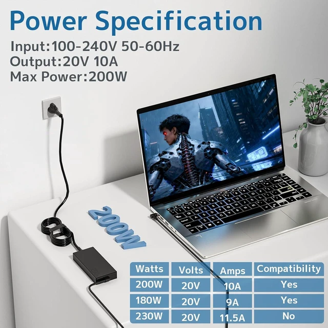 Alt view image 5 of 7 - 200W AC Laptop Charger Power Supply Adapter Compatible with ASUS ROG Zephyrus G16 G15 GA503 GU605, TUF Gaming A15 F15 F17 A17 FX506 FA506 FX706, TUF Dash F15 FX516, ROG Strix G15 Hero III G731 Gaming