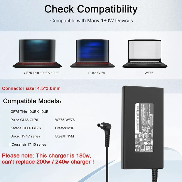Alt view image 4 of 6 - 180W AC Laptop Charger Power Supply Adapter Replacement for MSI A17-180P4B 957-15621P-104 Compatible with GL66 GL76 WF66 GF66 GF76 WF76 GF75, Crosshair Sword 17 15 Gaming Notebook Charger with Cord