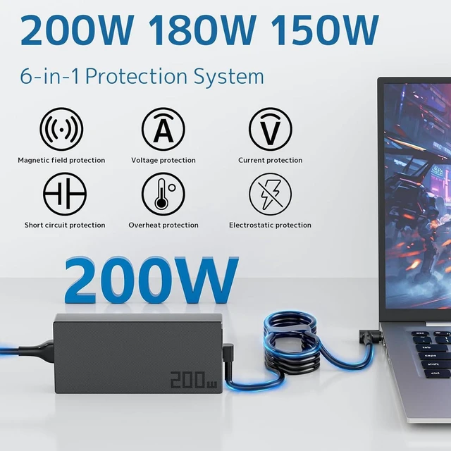 Alt view image 4 of 7 - 200W AC Laptop Charger Power Supply Adapter Replacement for ASUS ADP-200JB D Fit for TUF Dash F15 FX516 FX517, TUF Gaming A15 FA507 A17 FA707, ROG Zephyrus G14 G15 Gaming Notebook Charger with Cord