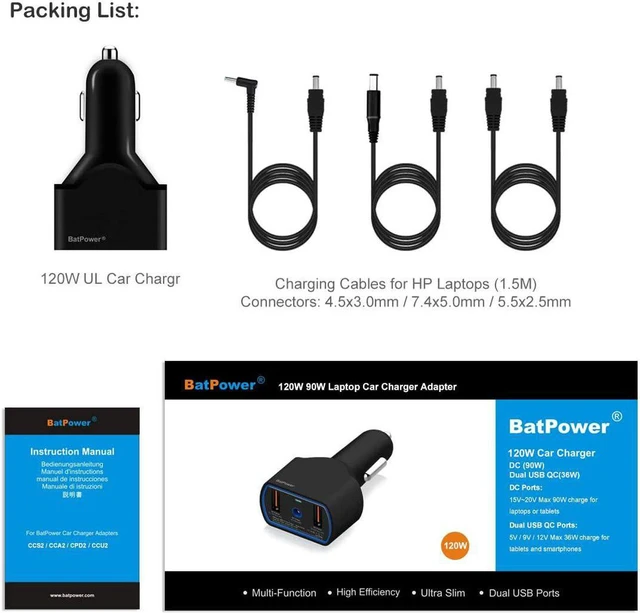 Alt view image 6 of 7 - BatPower 120W DC Car Laptop Charger, Vehicle Auto Power Adapter DC 12V-24V Input Compatible with HP Laptops, Portable Car Notebook Charger