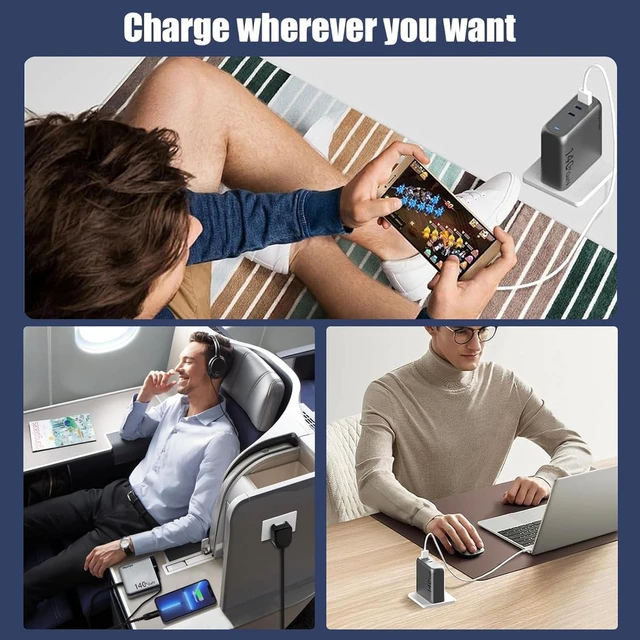 Alt view image 7 of 7 - 140W GaN+ USB C Wall Charger, 100W Laptop Fast Charger PD3.1 PPS 3-Port Power Adapter for MacBook Pro 16", Dell XPS, iPhone 16/15 Pro Max, iPad Pro, Tablet, Chromebook, Gray