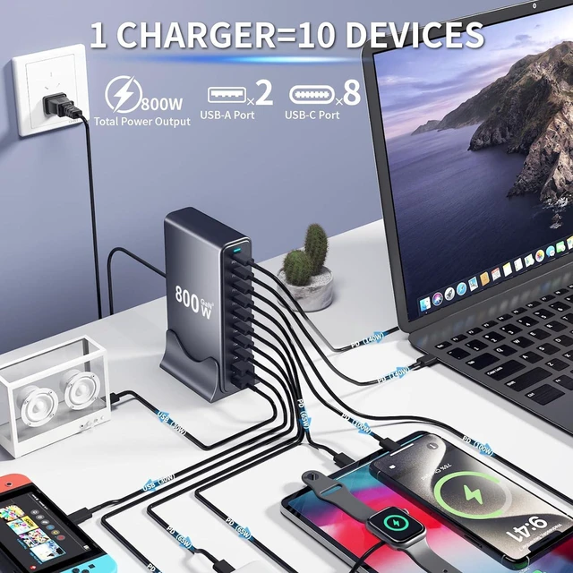 Alt view image 5 of 6 - Universal Travel Adapter & Multi Charging Station, 800W 10-Port GaN III USB-C Charging Block with Dual 140W PD, Compact Desktop Charger for iPhone, Laptop and Multiple Electronic Devices