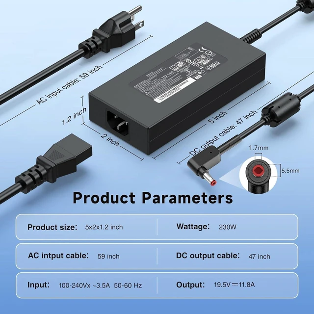 Alt view image 4 of 6 - 230W 19.5V 11.8A AC Laptop Charger Power Supply Adapter Fit for Acer Predator Helios Neo 16 PHN16-71, Nitro 5 AN517-42-R85S, Helios 300 Gaming Notebook Charger with Cord