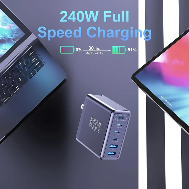Alt view image 6 of 7 - 240W GaN USB C Wall Charger, 140W PD3.1 PPS 6-Port Type C Fast Charging Power Adapter, Laptop Charger Compatible with MacBook Pro 16", iPhone 16 Series, iPad Pro, Galaxy, Pixel and More