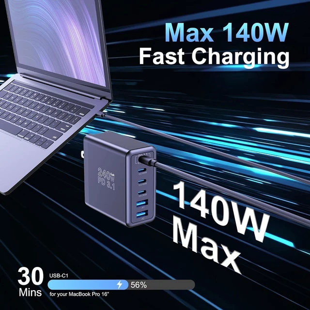 Alt view image 2 of 7 - 240W GaN USB C Wall Charger, 140W PD3.1 PPS 6-Port Type C Fast Charging Power Adapter, Laptop Charger Compatible with MacBook Pro 16", iPhone 16 Series, iPad Pro, Galaxy, Pixel and More