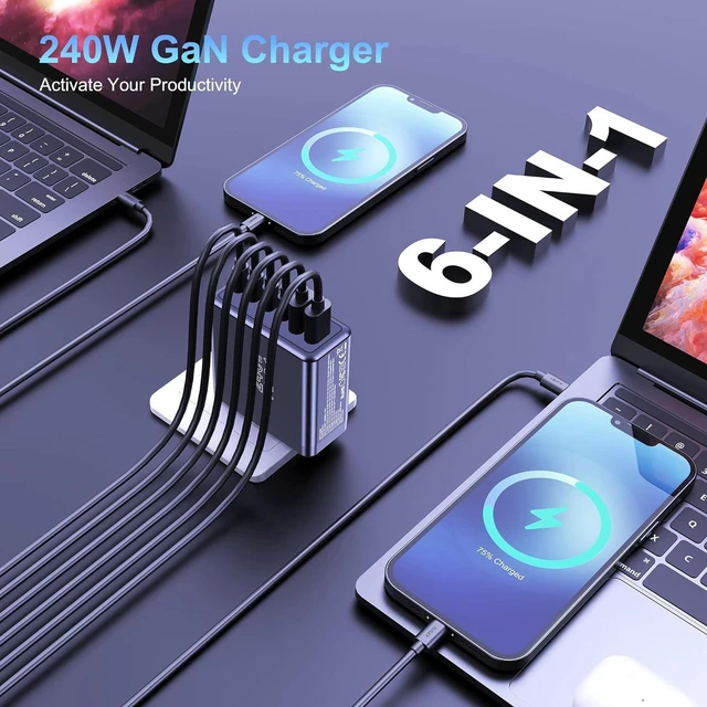 Alt view image 3 of 7 - 240W GaN USB C Wall Charger, 140W PD3.1 PPS 6-Port Type C Fast Charging Power Adapter, Laptop Charger Compatible with MacBook Pro 16", iPhone 16 Series, iPad Pro, Galaxy, Pixel and More