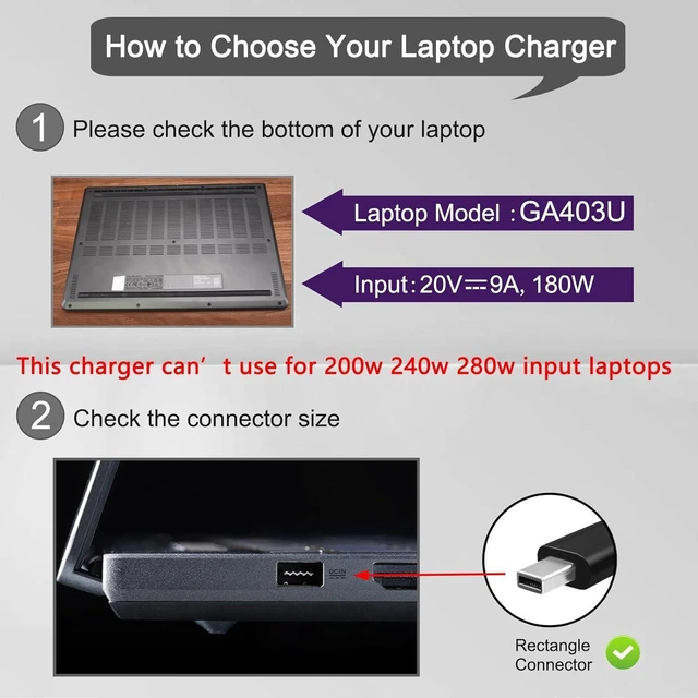 Alt view image 2 of 6 - 180W 20V 9A Laptop Charger Compatible with Asus Zephyrus G14 2024 GA403 GA403U GA403UI GA403UV GA403UU Gaming Notebook AC Power Supply Adapter with Cord, NOT for Zephyrus G14 2025