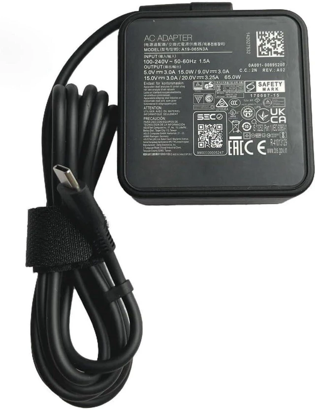 Main image of 65W 20V 3.25A USB Type-C Laptop Charger Compatible with Asus A19-065N3A Notebook Replacement AC Power Supply Adapter with Power Cable Cord