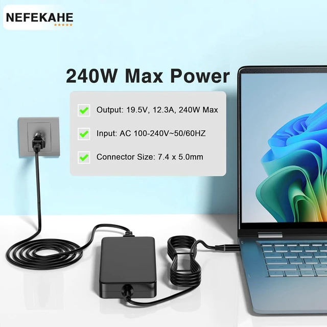Alt view image 3 of 6 - 240W Laptop Charger Compatible with Dell G15 G16 G7 G5 G3, Alienware 13 15 17 x15 x16 x17 m15 m17, Precision 7510 7520 7710 7720 7730 3541 3550 Gaming Notebook AC Power Supply Adapter with Power Cord