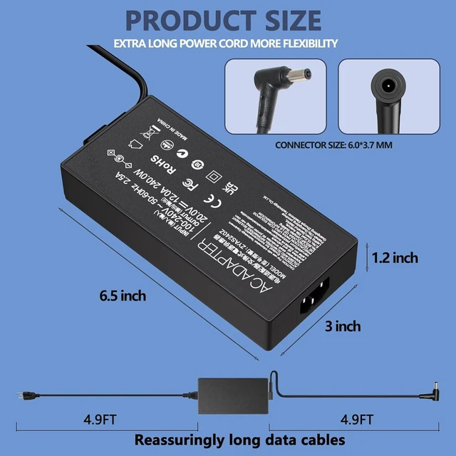 Alt view image 2 of 7 - 240W 20V 12A Laptop Charger Replacement for ASUS Gaming Notebook, Compatible with ROG Zephyrus G14 G15 M16 G16 S15 S17, ROG Strix G15 G513 Scar15 G533 G16 G614 G17, TUF A15 A16 A17 F15 F17