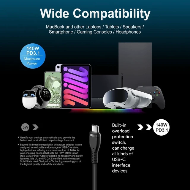 Alt view image 6 of 7 - HKY 140W GaN USB-C Charger PD3.1 Ultra Compact Slim 10Ft Cable Power Adapter for M4 MacBook Air Pro, Dell Lenovo MSI HP Gaming Laptop, Docking Station, Avalon Nano 3 BTC, Anker 737 Power Bank Multi-De