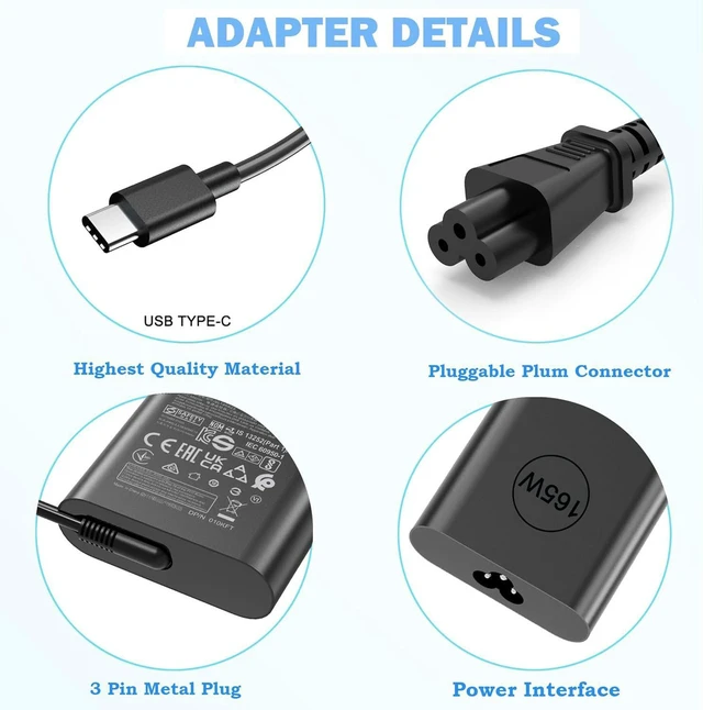 Alt view image 3 of 6 - 165W GaN USB-C Laptop Charger Power Adapter Compatible with Dell Precision 5690 5680, XPS 17 16 18 9720 9730 Pro Max 16 18 Plus Mobile Workstation, HA165PM210 DA165PM210 LA165PM210 With Power Cord