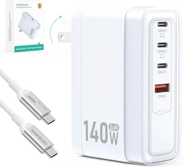Main image of SparkleCore 140W Max USB C Charger, 4-Port PD3.1 GaN Fast Charging Block, Travel Laptop Wall Charger, 6.6ft USB-C Cable Included, Compatible with MacBook Air Pro, iPhone 17 16, iPad Pro, Samsung, Pixe
