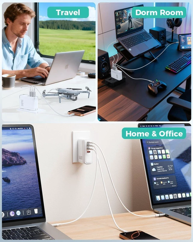 Alt view image 4 of 7 - SparkleCore 140W Max USB C Charger, 4-Port PD3.1 GaN Fast Charging Block, Travel Laptop Wall Charger, 6.6ft USB-C Cable Included, Compatible with MacBook Air Pro, iPhone 17 16, iPad Pro, Samsung, Pixe