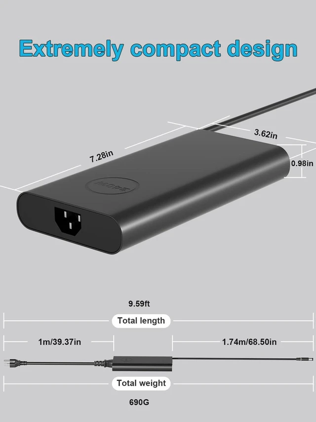 Alt view image 2 of 7 - 240W GaN Slim Laptop Charger AC Power Adapter with 10ft Total Cord, Fast Charger for Dell G15 G16 G7, Alienware M15 M17 x17 15 17, Precision 7780 7770 7670 7680 Gaming & Workstation Laptops