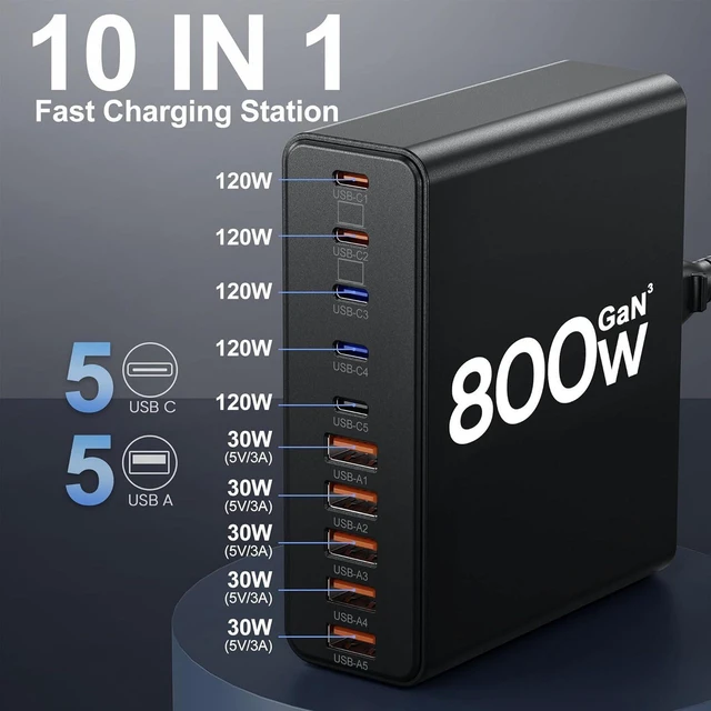 Alt view image 2 of 6 - 800W USB C Charger Block, 10-Port GaN Fast Charging Station Type C & USB A Wall Charger Adapter Bright Black for MacBook Pro/Air, iPhone, iPad, Dell XPS, Samsung Galaxy Multiple Devices