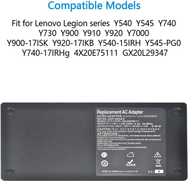 Alt view image 4 of 7 - 300W 20V 15A AC Adapter Laptop Charger for Lenovo Legion Pro 5 5i 7 7i ThinkPad R9000P R9000K Y9000K Y9000X R7000P 9000P 9000K, ADL300SDC3A Gaming Notebook Power Supply with Power Cord