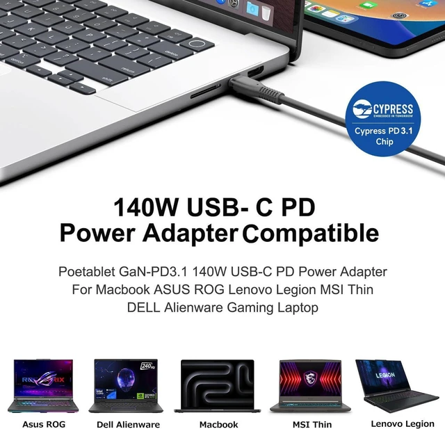 Alt view image 2 of 7 - 140W USB C PD3.1 GaN Charger TAIFU 28V 5A USB-C Power Adapter for Pioneer DDJ-FLX4 Rekordbox DJ Controller, LG Gram Laptop, MSI Prestige 14 16 AI Studio Summit E16 AI Studio, eero PoE Gateway