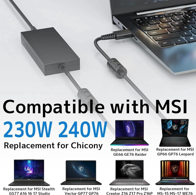 Alt view image 3 of 7 - 230W 240W USB Tip Laptop Charger for MSI GP66 GP76 Leopard GE66 GE76 Raider Stealth A16 16 17 GS77 Creator Pro Z17 Z16P, A20-240P2A S93-0409410-C54 Gaming Notebook AC Power Supply Adapter with Cord