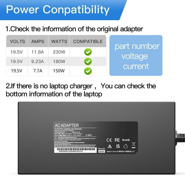 Alt view image 6 of 7 - 230W 19.5V 11.8A Laptop Charger for MSI Stealth GS66 GS65 GS75 WS65 WS66 WS75 WS76, Creator 15 17 Chicony A17-230P1A Power Supply Adapter, 5.5*2.5mm DC Connector