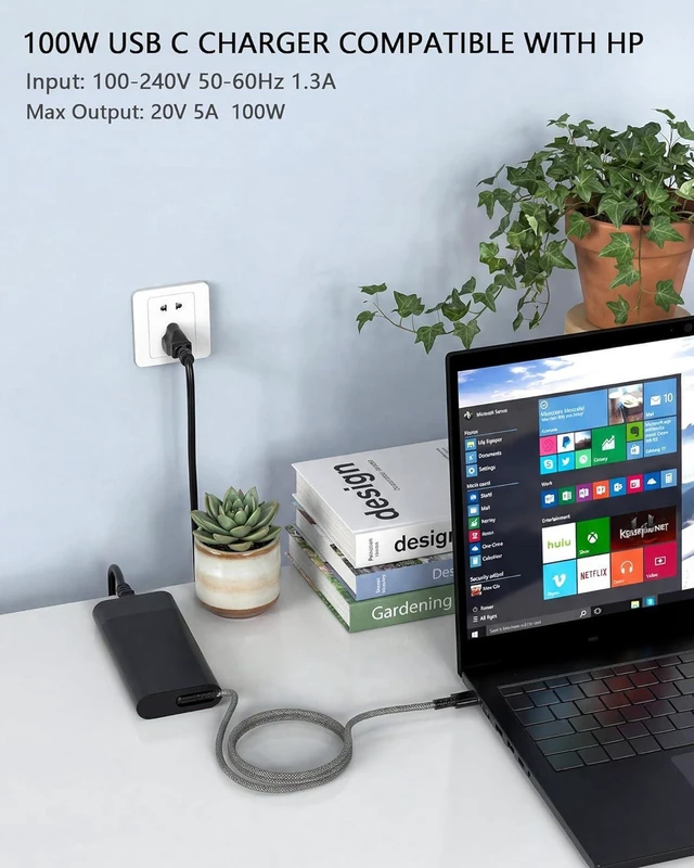 Alt view image 4 of 7 - 100W USB-C PD Laptop Charger for HP ZBook Firefly 14 16 G11, ZBook 8 G1i 16 8 G1a 14, EliteBook 8 G1a 14 8 G1a 16 8 G1i 16, ProBook 440 450 G10 4 G1i 16, USB Type-C AC Power Supply Adapter with Power
